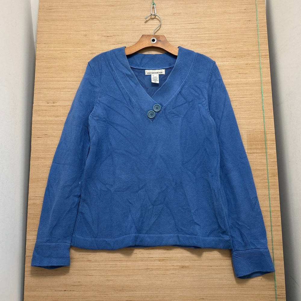 Jones New York Sport Blue V-Neck Button Accent Cotton Blend Sweater Large